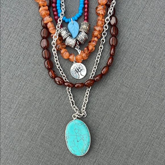 Women’s Multilayered Layer Turquoise and Silver Tree Leaf Brown Blue Necklace - Picture 2 of 9